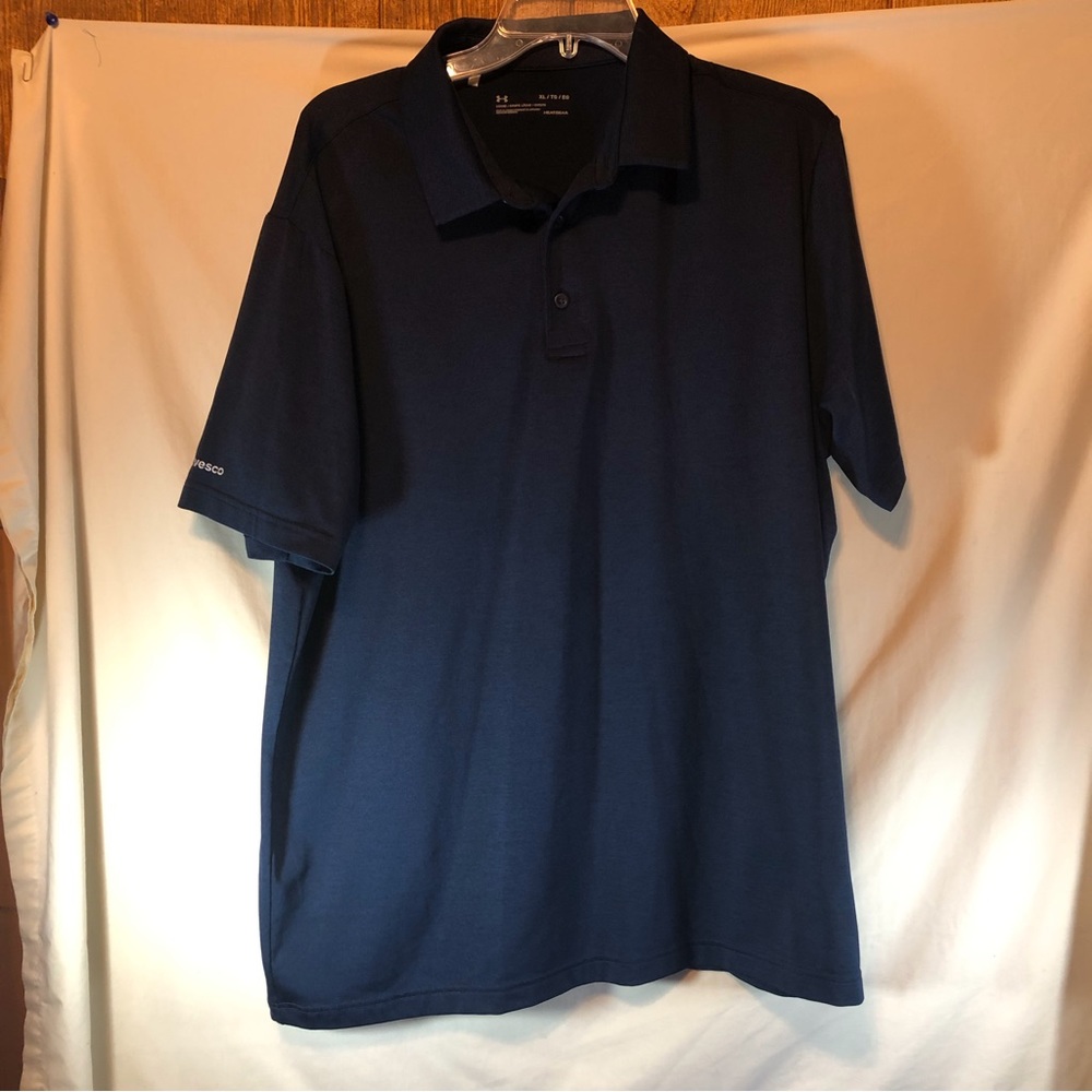 Under Armour Loose Heatgear men’s Navy polo shirt Invesco logo right sleeve XL